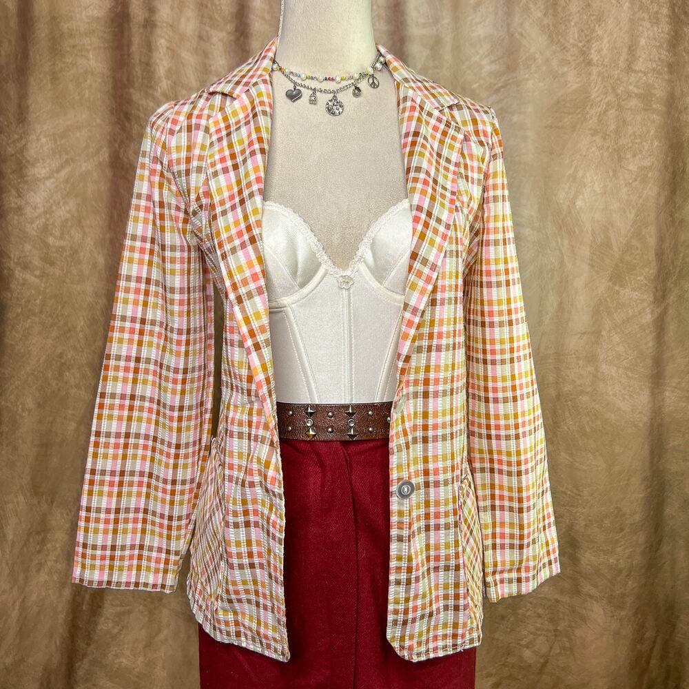 Vintage Seersucker Jacket 70s Checkered Plaid Blazer Multicolor Retro Western